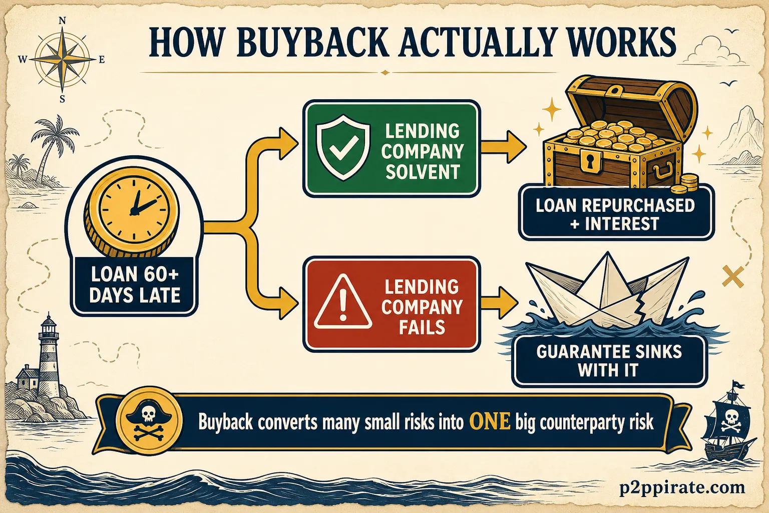 How the buyback guarantee actually works: repurchase when the lending company is solvent, nothing when it fails