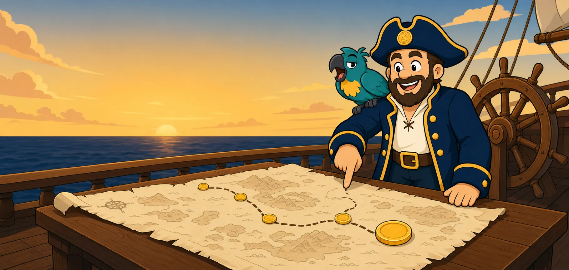 Pirate Peter and Buyback the parrot charting P2P platforms on a treasure map