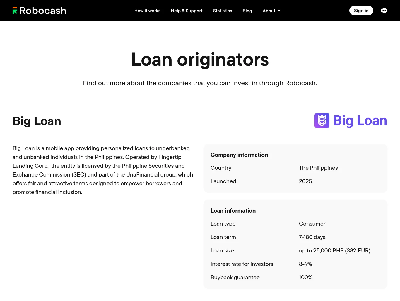 Robocash loan originators page
