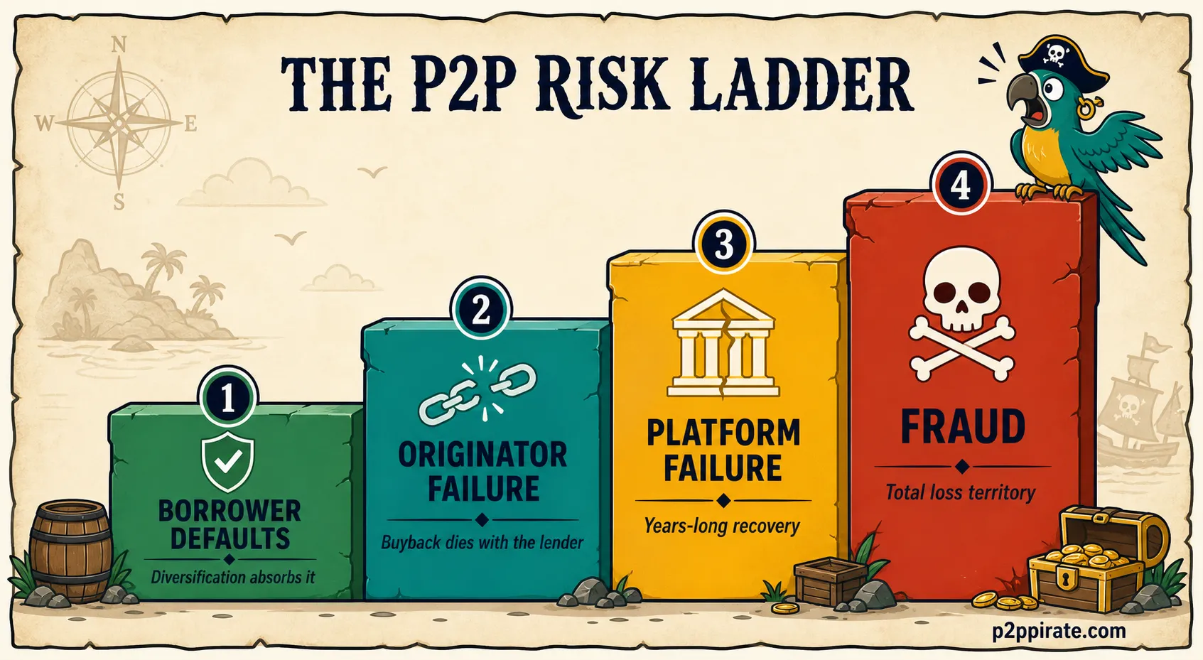 The P2P risk ladder: borrower defaults, originator failure, platform failure, fraud